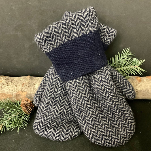 “Upcycled" Wool Sweater Mittens Midnight Blue and Charcoal Herringbone Pattern