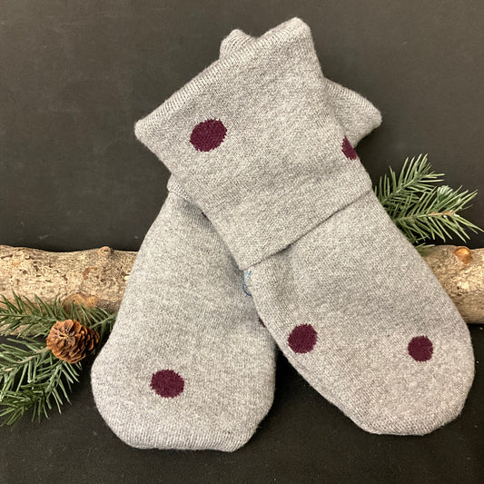 “Upcycled" Sweater Mittens in Gray/beige with Burgundy Dots