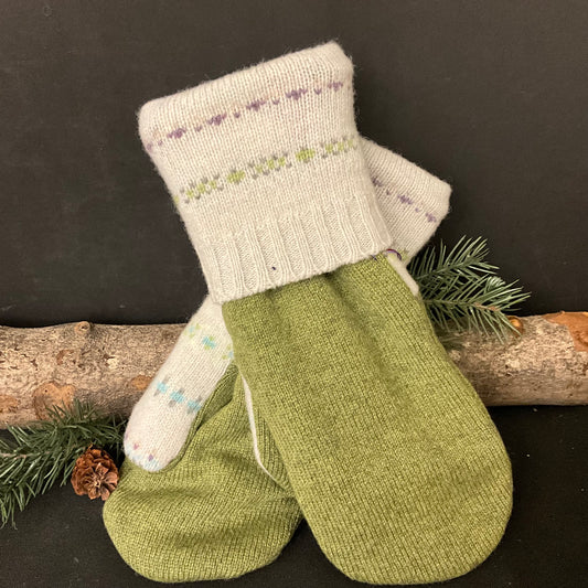 “Upcycled” Sweater Mittens Sage Green Heather with Fair Isle Pattern Cuff