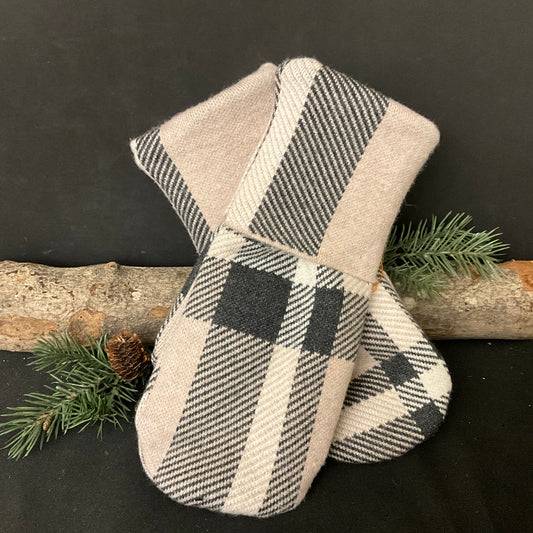 “Upcycled" Sweater Mittens in Cream with Black Plaid Pattern
