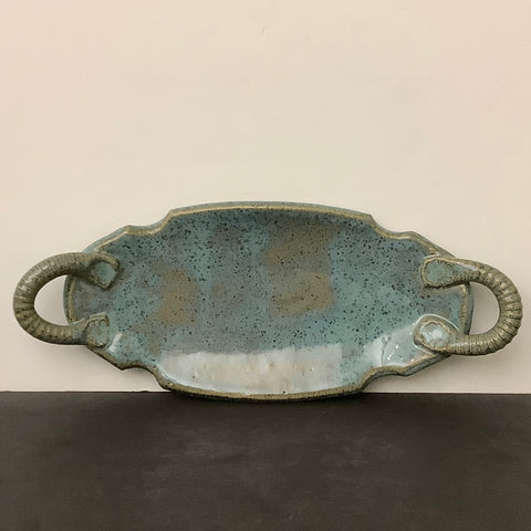 Small Narrow Handled Oval Plate/Tray in Blue Glaze with Olive Cast