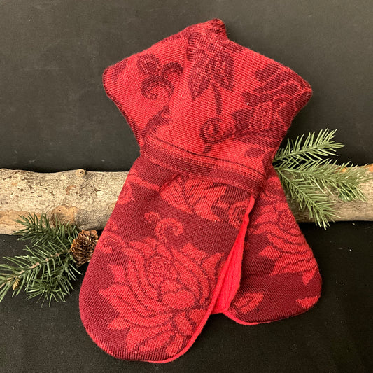 “Upcycled" Wool Mittens Floral Pattern in Soft Reds