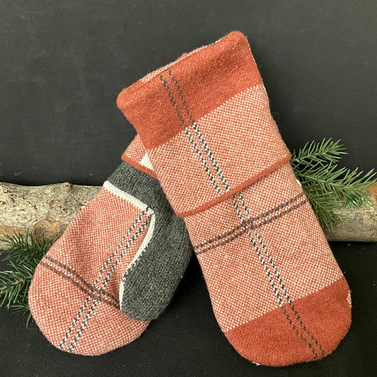 “Upcycled" Sweater Mittens in Brick Red Bold Plaid Pattern