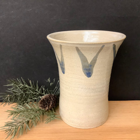 Small White Vase with Blue V Markings, Nan Lazovik