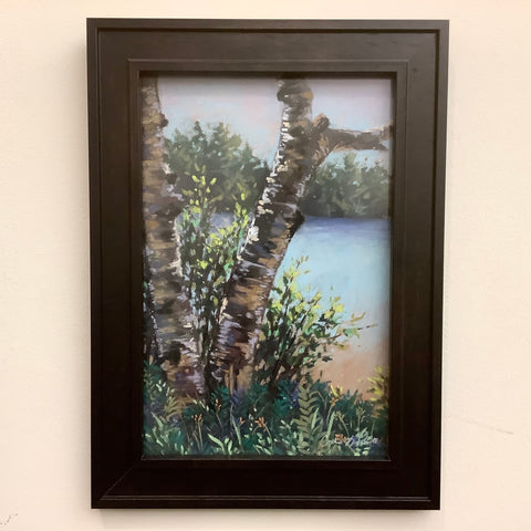 “Birch on Fish Creek Pond” Original Framed Pastel