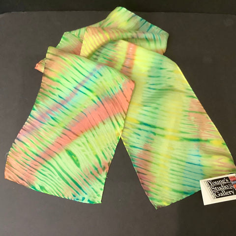 Shibori Dyed Silk Scarf In Greens and Coral