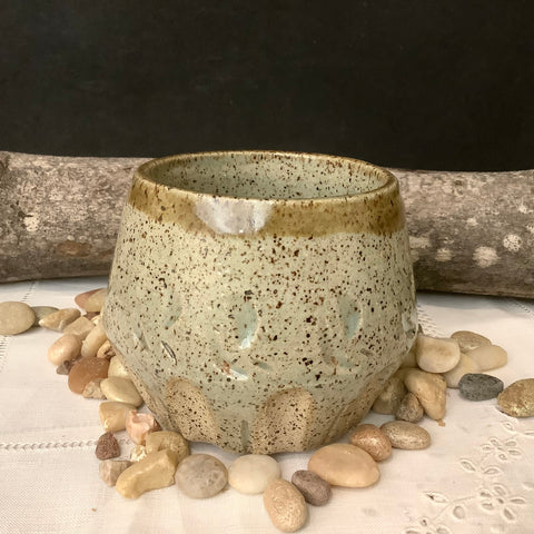 Small Jar with Speckled Celadon Glaze, Carved Details and Olive Rim, Lacy Shatraw