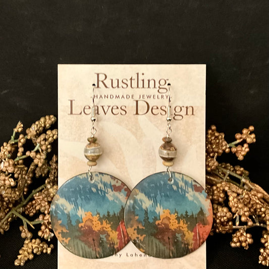 Autumn Forest Large Disc Earrings with Beads