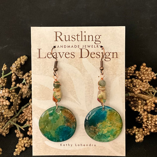 Blue and Green Disc Earrings with Wire Wrap Beads