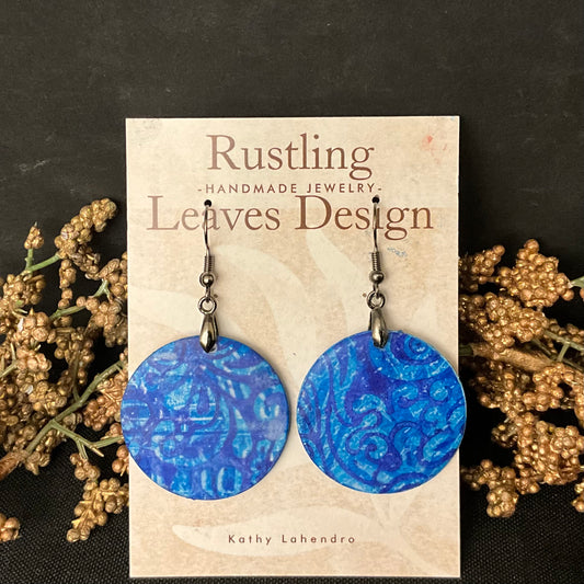 Indigo Blue Swirl Pattern Disc Earrings