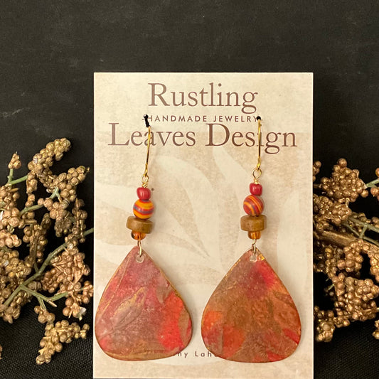 Copper, Red and Orange Teardrop Earrings with Beads