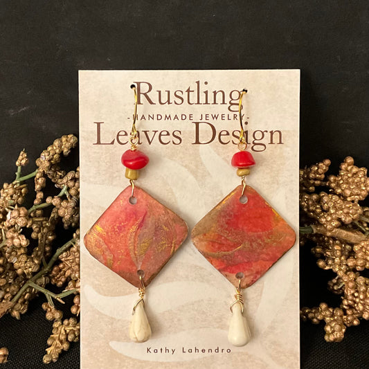 Copper, Red and Orange Diamond Earrings with Drop Bead