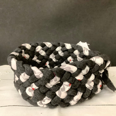 Small Braided Basket in Charcoal and Patterned Fabric,  Debbie Orland, Colton, NY