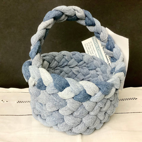 Small Braided Handled Basket in Denim Blues, Debbie Orland, Colton, NY