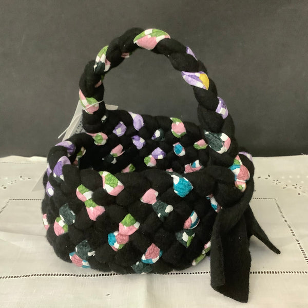 Small Braided Handled Basket in Black and Pastel Patterned Fabric