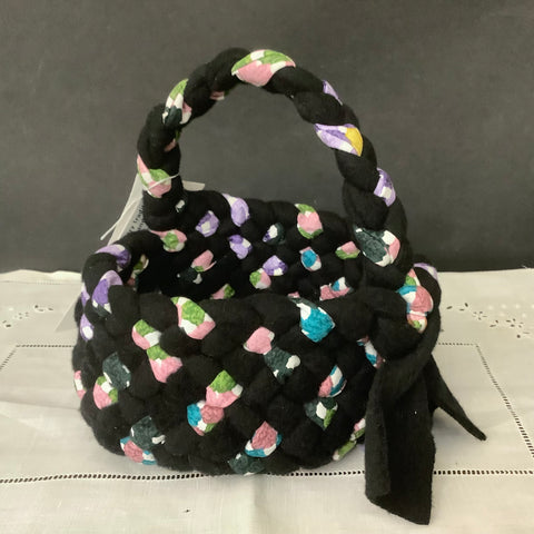 Small Braided Handled Basket in Black and Pastel Patterned Fabric,  Debbie Orland, Colton, NY