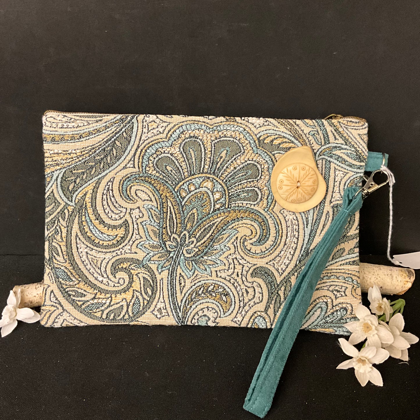 Wristlet - Blues and Beige Floral Tapestry Pattern