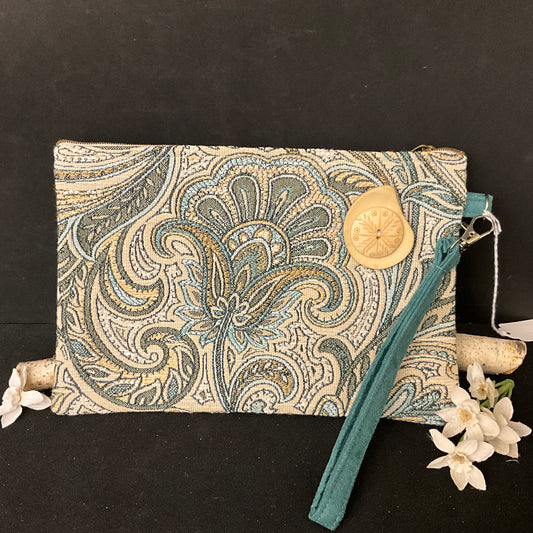 Wristlet - Blues and Beige Floral Tapestry Pattern