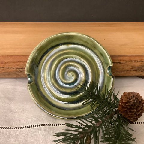 Shallow Embossed Trinket Dish or Coaster in Deep Green, Lacy Wood