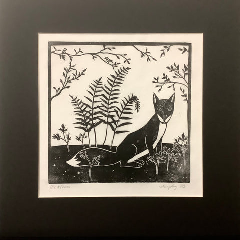“Fox and Ferns” Rubber Block Print Matted, Johanna Kingsley, DeKalb Junction, NY