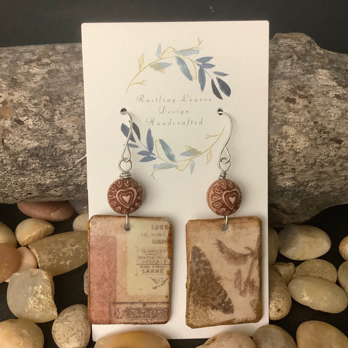 Wood Rectangle Earrings with Vintage Collage Design & Heart Bead