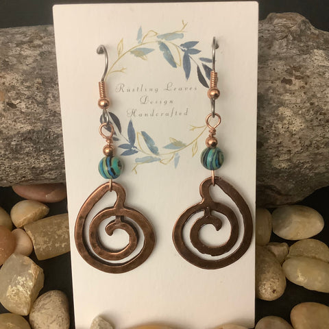Hammered Copper Spiral Earrings with Turquoise Swirl Bead, Kathy Lahendro, Potsdam, NY