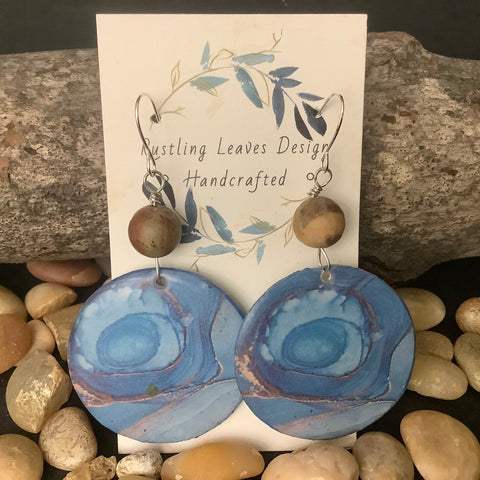 Large Wooden Disc Earrings with Blue Swirl Design and Bead, Kathy Lahendro, Potsdam, NY