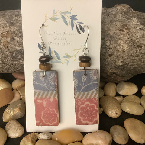 Rectangle Earrings with Rose and Gray Floral Design and Beads, Kathy Lahendro, Potsdam, NY