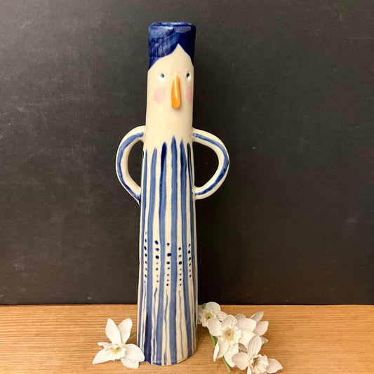 Bud Vase Figure in Blue Outfit and “Hair”with Hands on Hips