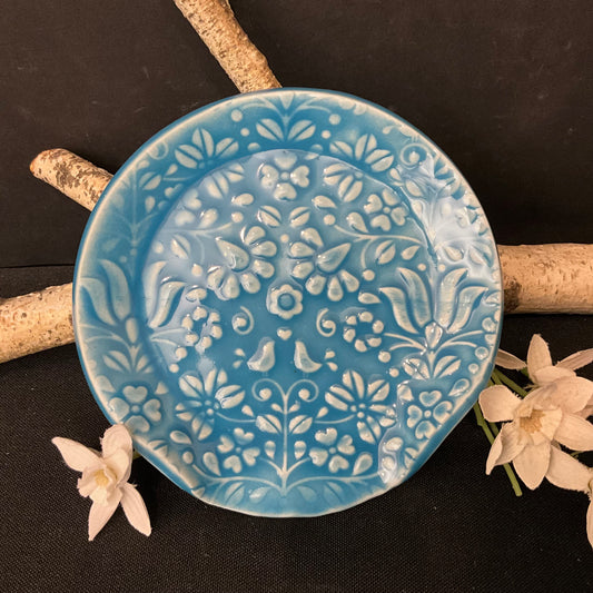 Spoon Rest in Bright Blue with Embossed Floral Design