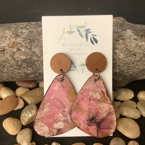 Large Wooden Rounded Triangle Earrings with Purple/Pink Swirl Design and Wood Post, Kathy Lahendro, Potsdam, NY