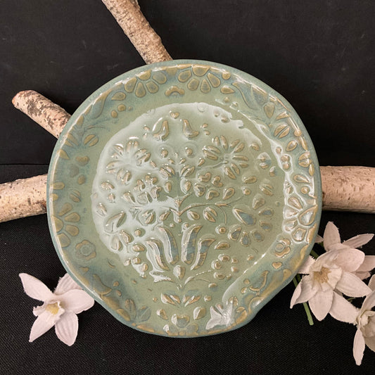Spoon Rest in Celadon with Embossed Floral Design