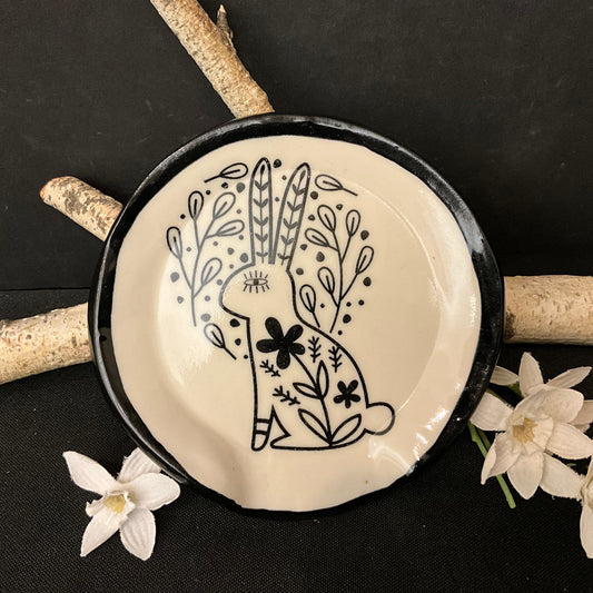 Spoon Rest in White with Black Folk Rabbit