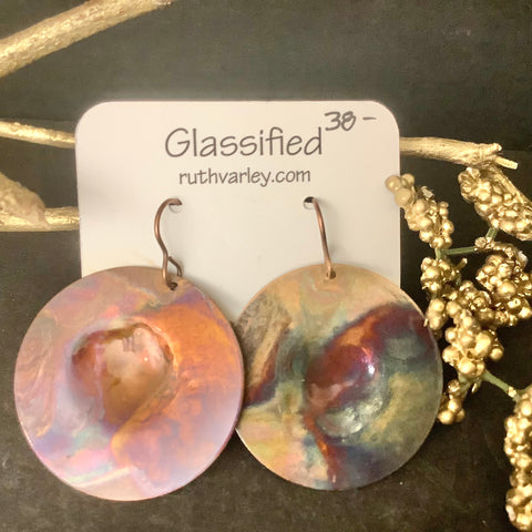 Flame Copper Disc Earrings with Indented Center, Ruth Varley, Ogdensburg, NY