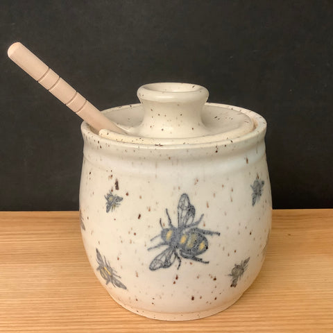 Honey Pot in White Flecked Glaze with Bee Pattern,  Linda Petroccione, DeKalb Junction