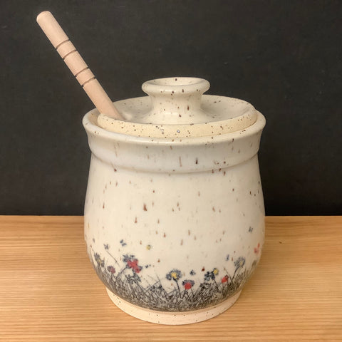 Honey Pot in White Flecked Glaze with Floral Pattern,  Linda Petroccione, DeKalb Junction
