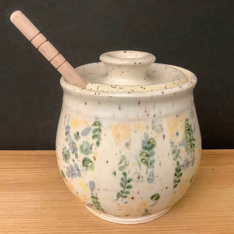 Honey Pot in White Flecked Glaze with Floral Pattern,  Linda Petroccione, DeKalb Junction
