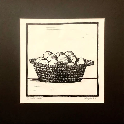 “All in One Basket”,  Rubber Block Print Matted, Johanna Kingsley, DeKalb Junction, NY