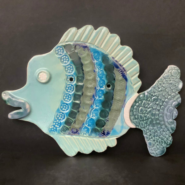 “Garden Shed” Ceramic Fish Wall Plaque in Blues and Olive