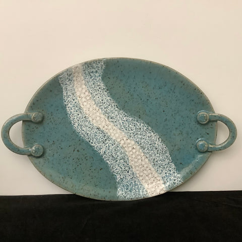 Large Platter with Handles in Dark Turquoise with Aqua and Cream Strips, Jody Loconti, Potsdam, NY