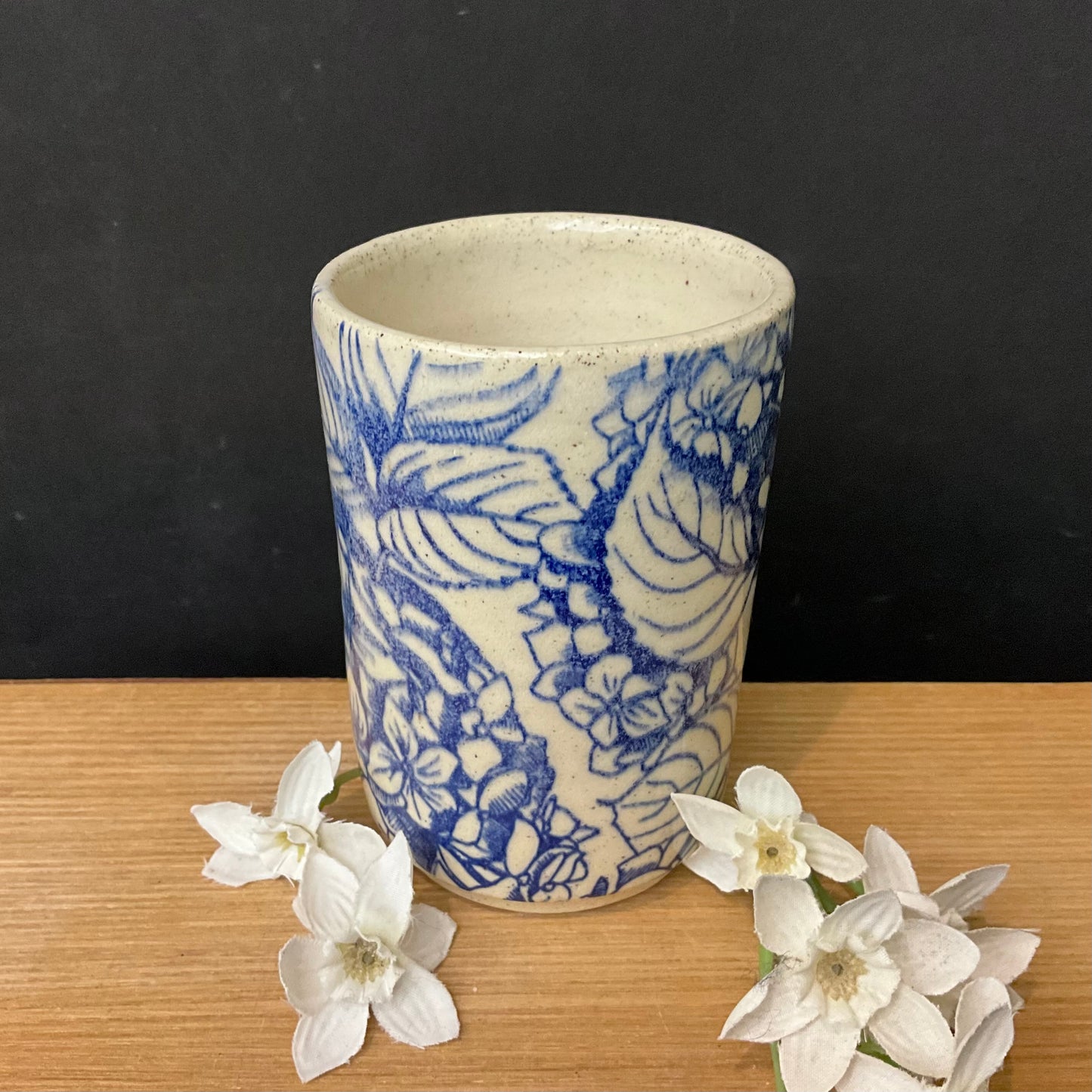 Tumbler with Blue Hydrangea Flowers
