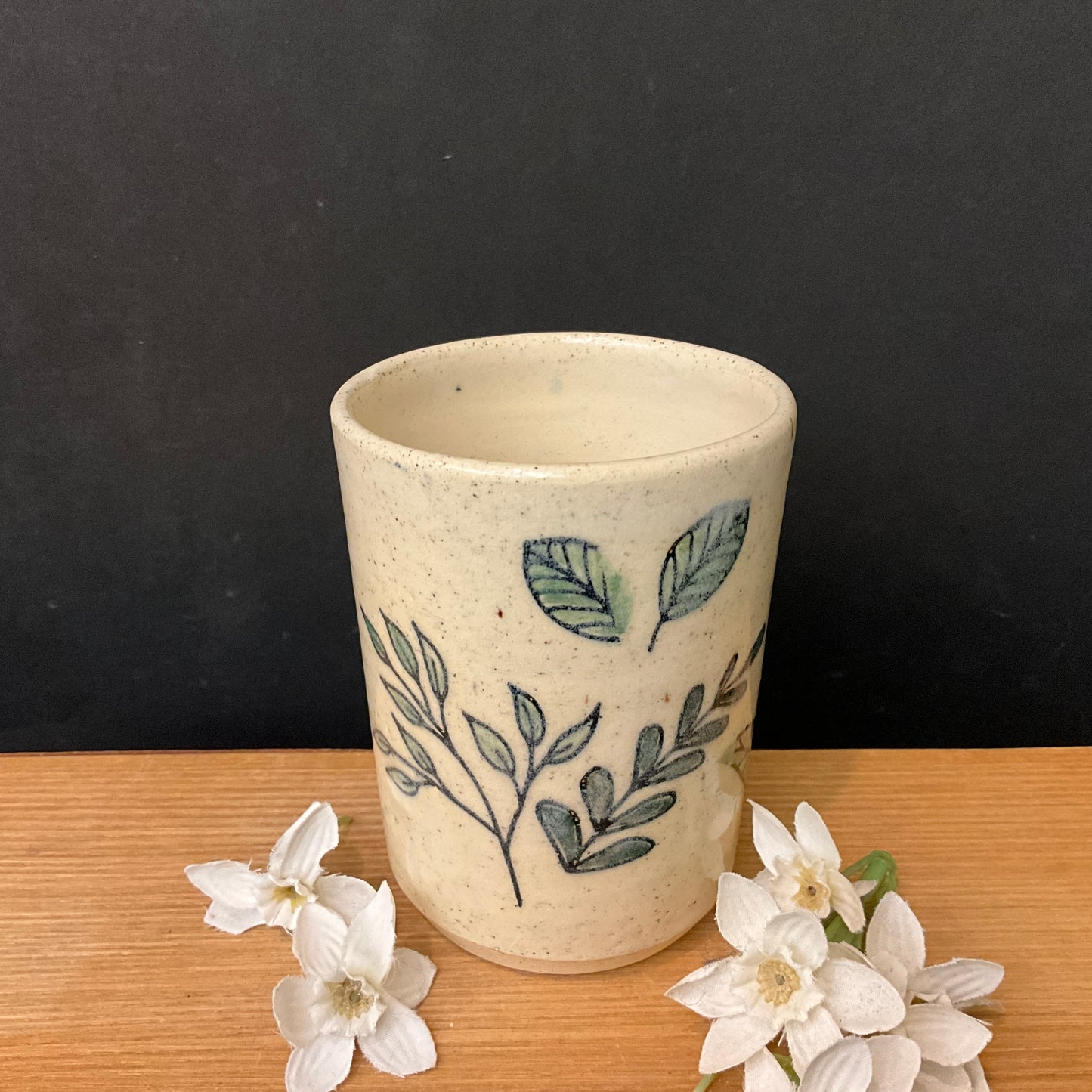 Tumbler with Blue Tulips and Leaves