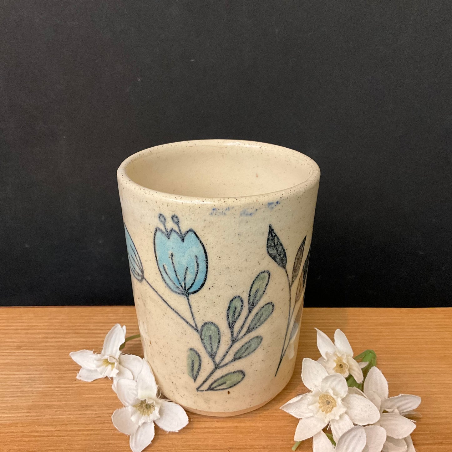 Tumbler with Blue Tulips and Leaves