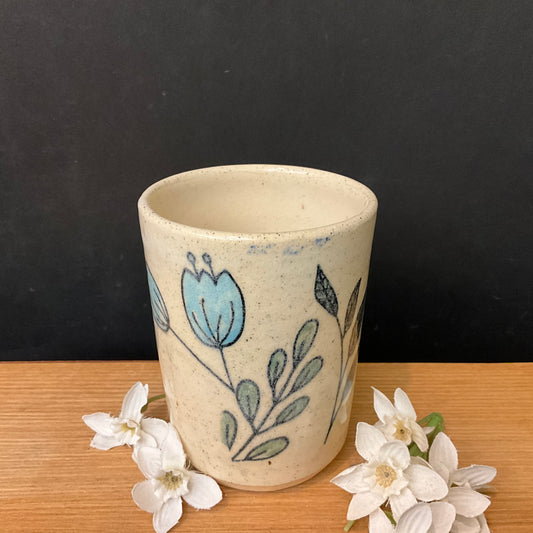 Tumbler with Blue Tulips and Leaves