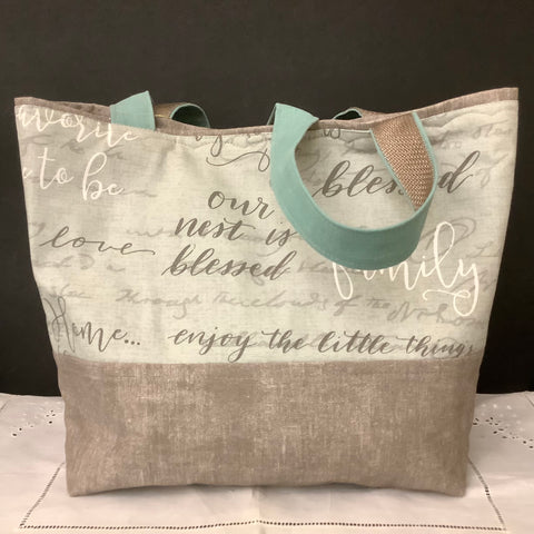 Designer Tote Sage Green Linen with Taupe Trim, Tina Charbonneau, Lake Placid, NY