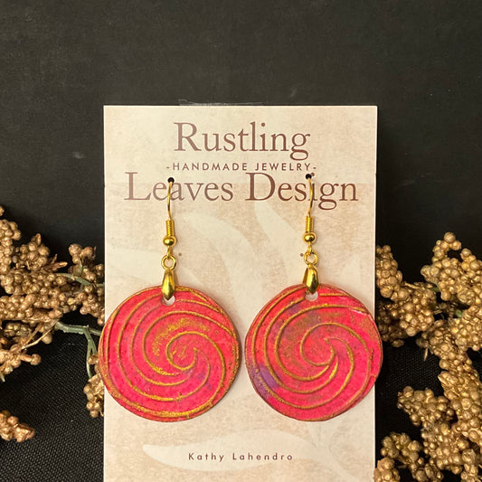 Bright Salmon & Gold Embossed Circle Earrings