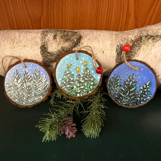 Hand Painted Wood Ornament Snowy Trees