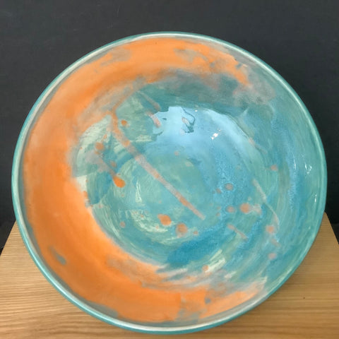 Shallow Serving Bowl in Bright Turquoise with Orange Splashes, Joanne Arvisais, Plattsburgh, NY