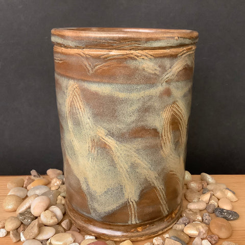 Vase/Crock in Browns with Incised Swirl Designs, Joanne Arvisais, Plattsburgh, NY