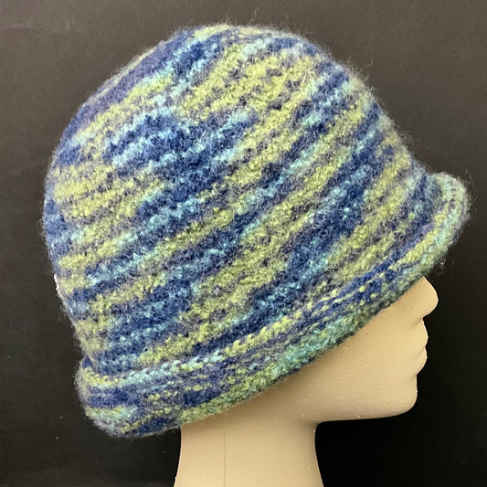 Hand Felted Wool Hat in Blue and Green Stripes